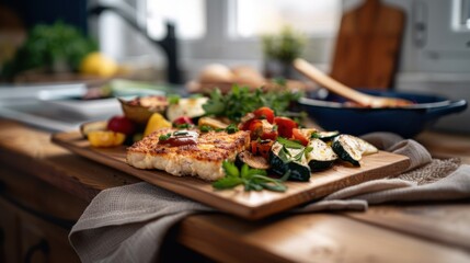 Golden-hour tempeh with roasted vegetables on rustic cutting board in farmhouse kitchen