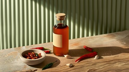 Rustic farmhouse setting featuring handcrafted fermented chili sauce with fresh ingredients