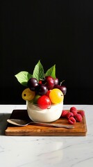 Cinematic close-up of a luxurious fermented cream and ripe berries on a rustic pedestal