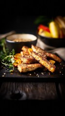 Crispy tempeh slices with roasted vegetables on a rustic wooden platter