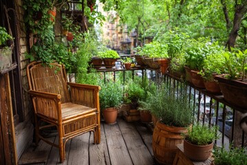 Obraz premium Rustic balcony with lush greenery and wicker chair