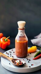 Rustic glass bottle of thick fermented chili sauce with fresh peppers and wooden spoon in warm light