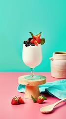 Vintage kitchen setting showcases creamy fermented dish topped with fresh berries and rustic charm