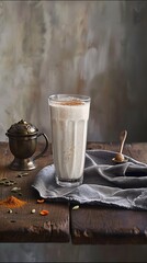 Nostalgic Indian setting with lassi, spices, and warm ambient light