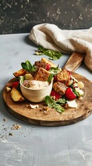 Cozy kitchen spread with crispy tempeh and roasted vegetables on wooden board