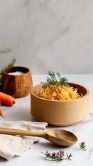 Rustic wooden bowl filled with golden sauerkraut and fresh ingredients on a light background