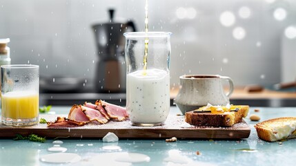 Rustic breakfast scene with kefir, pastries and fresh milk pouring