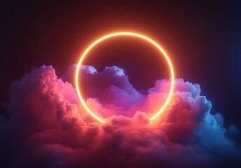 Glowing Neon Circle Encircling a Soft Pink and Purple Cloud in a Dark Atmospheric Background with Futuristic Vibes