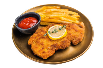 Weiner pork schnitzel steak, fried breaded fillet meat with french fry isolated on white background