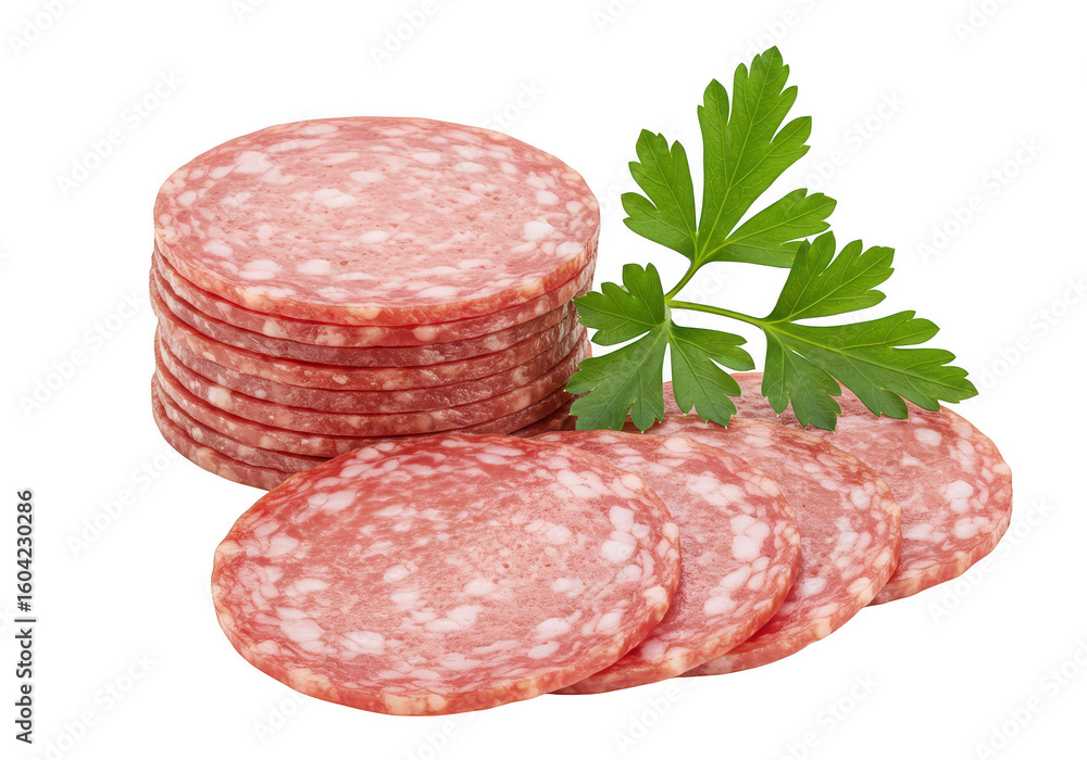 Aufkleber a stack of salami slices with parsley isolated on transparent background