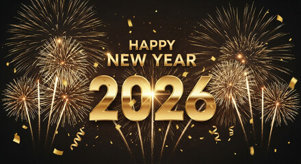 Festive New Year Celebration with Fireworks: a beautiful display of colorful fireworks light up the night sky, accompanied by gold-colored 'Happy New Year 2026' text.