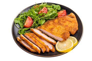 Roast Weiner schnitzel steak, veal breaded meat with salad isolated on white background