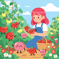 Obraz premium Adobe illustrator artwork vector illustration of a girl harvesting smiling tomatoes in a vibrant garden—ideal for kids' books, educational content, farming themes, and playful nature designs.