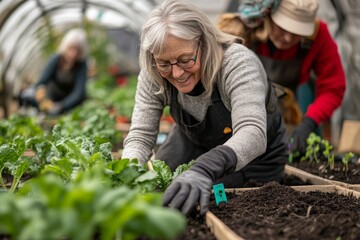 Close-up of senior women planting vegetables in a greenhouse at a community garden, promoting sustainability and collaboration in local farming efforts, Generative AI