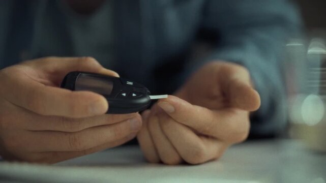 A person is using a blood glucose monitoring device to check their blood sugar levels in a cozy home setting. This health check emphasizes diabetes management and self-care