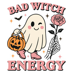 Bad Witch Energy - Cute Spooky Ghost Halloween T-shirt Vector, Scary Halloween Ghostly Illustration, Spooky Vibes Saying, Holiday Seasonal Shirt Design
