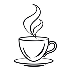 Minimalist One-Line Vector Illustration of Steaming Coffee Cup on White Background