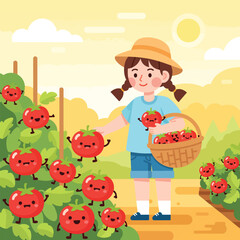 Adobe illustrator artwork vector illustration of a girl harvesting smiling tomatoes in a vibrant garden—ideal for kids' books, educational content, farming themes, and playful nature designs.
