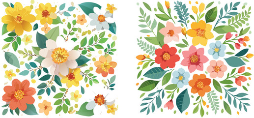 A diptych of two floral arrangements with colorful blossoms and lush green leaves, presented in a modern, illustrative style.