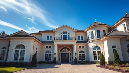 Fototapeta premium Elegant residence entrance with architectural details under a clear blue sky, exuding luxury.