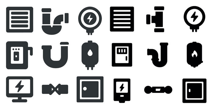 Plumbing and electricity solid icons set – flat, filled, utility and repair symbols