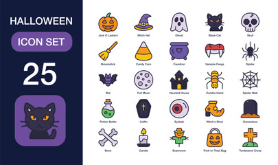 halloween set of web icons in outline flat. Containing jack o lantern, witch hat, ghost, black cat, skull, broomstick, candy corn, and more. Editable stroke