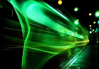 Dynamic Green Light Trails Creating Abstract Motion Blur Effect with Silhouetted Figure in Dark Urban Setting