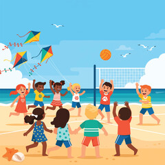 Adobe illustrator artwork vector illustration of kids playing beach volleyball with flying kites—perfect for summer, outdoor fun, teamwork, and vibrant recreational design themes.