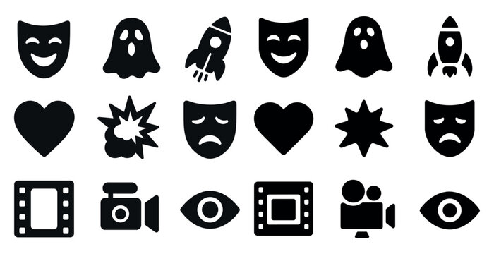Entertainment and media icons set – solid, filled, cinema and expression graphics