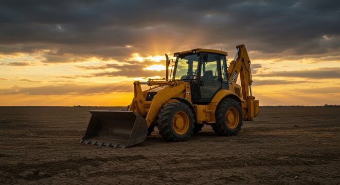 Yellow backhoe loader sits in a field at sunset with dramatic clouds perfect for industrial equipment imagery