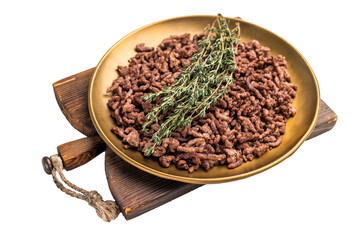 Roast and Fried mince meat, fresh cooked ground meat in a plate isolated on white background
