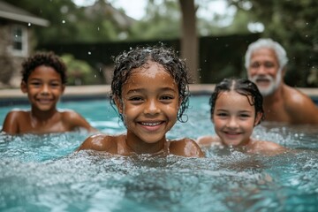 Multi-generation family enjoying quality time swimming in the backyard pool during a summer holiday, promoting family health and togetherness, Generative AI
