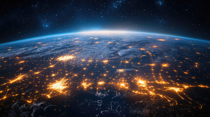 Aerial view of Earth at night, showcasing illuminated cities and landscapes. The planet is surrounded by a starry sky, emphasizing its beauty and vastness.