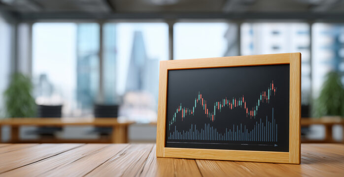 A wooden frame holds a financial chart showing market trends, placed on a desktop within a sleek office. Natural light floods the space, highlighting the contemporary design and urban backdrop.