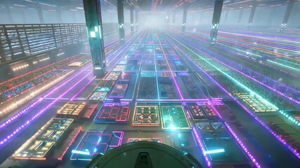 Futuristic neon-lit warehouse with glowing pathways, showcasing advanced technology and vibrant colors - Powered by Adobe