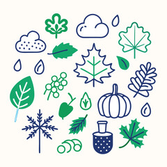 Whimsical autumn and rainy weather doodle collection with leaves and pumpkin