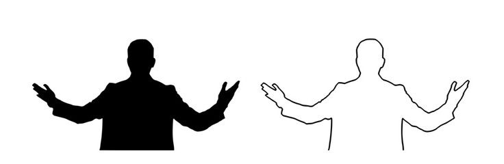 a black and white image of a man and a woman standing with their hands in the air black, hand, image, man, person, silhouette, stand, talk, woman 