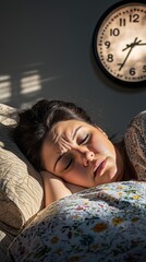 A plus-size woman in her 40s struggles to sleep in her dimly lit bedroom at 2 AM