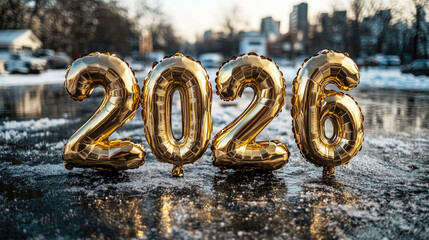 Golden foil balloons shaped as numbers 2026 on a festive bright background with bokeh lights, symbolizing happy new year celebration, holiday greeting card and winter season concept