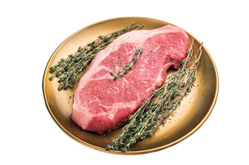 Striploin steak, Raw New York strip beef steak in a plate isolated on white background