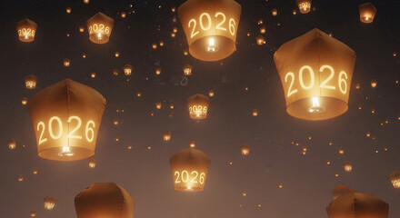 Luminous Lanterns of Hope: a sky filled with glowing paper lanterns bearing the inscription 2026, the lanterns symbolize a message of hope and the prospect of a brighter tomorrow.