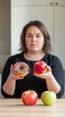 Plus-size woman contemplating choices between healthy and indulgent snacks in modern kitchen