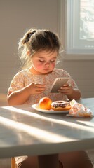 Girl engages with smartphone at breakfast table, donut in hand illuminated by morning light