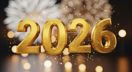 New Year 2026 Celebration: A gleaming 2026 font is displayed with glowing fireworks and bokeh lights, evoking a sense of joy, festivity, and the promise of new beginnings. 