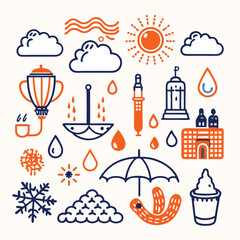 Collection of weather icons and symbols illustrating diverse climate conditions