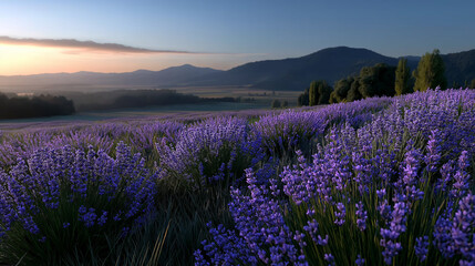 Fototapeta premium Cinematic animation of blooming lavender fields over rolling hills during golden hour sunset with magical glowing sky and butterflies hovering in the breeze, lavender animation, cinematic countryside,