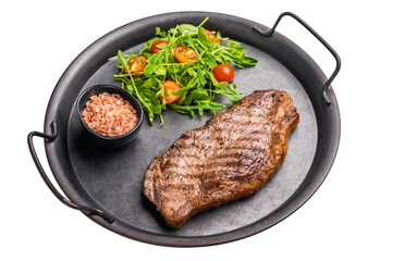Grilled striploin steak, strip loin beef meat steak on a steel tray isolated on white background