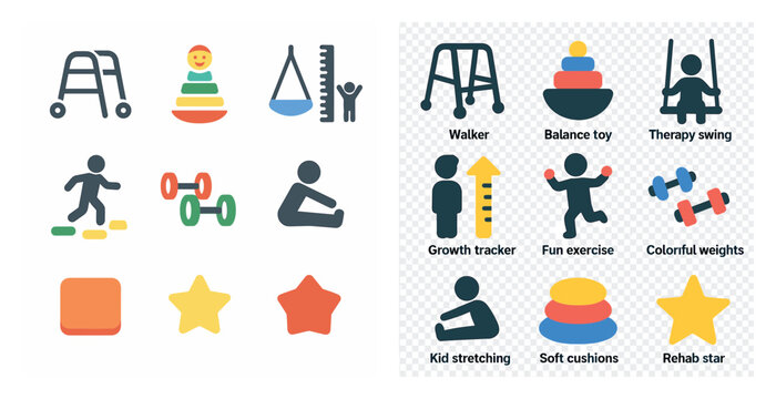 Physical therapy icons set – flat, exercise, rehabilitation tools and fitness symbols