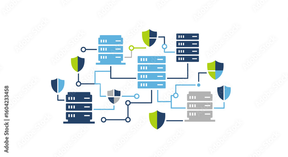 Poster a network of interconnected servers is secured by protective shields, symbolizing data protection an