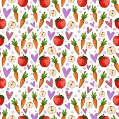 Seamless pattern with apples, carrots and hearts